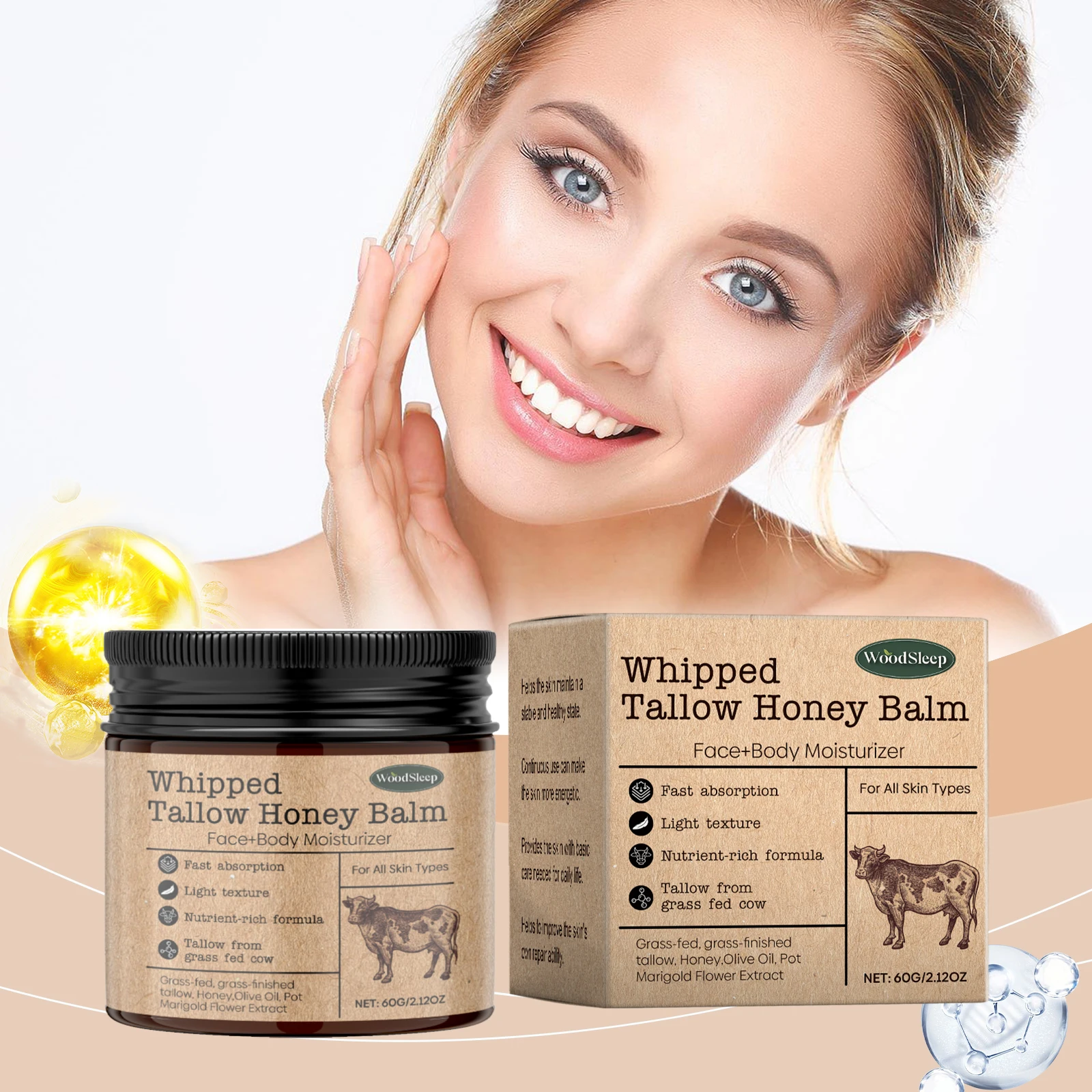 Woodsleep Whipped Tallow Honey Balm Improve Dryness Softness Tighten Skin Glow Products Olive Oil Moisturizing Face Cream 60g