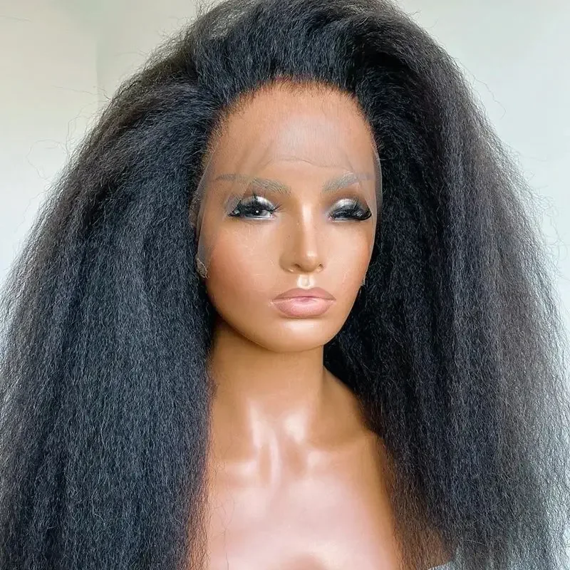 

Натуральный черный, 26 дюймов, плотность 180, бесклеевой синтетический яки, прямой длинный парик 13*4*1, кружевной передний парик для женщин, детские волосы, предварительно выщипанные, ежедневно