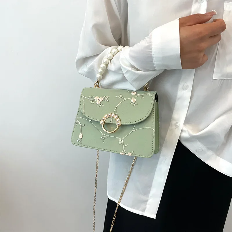 Women PU Net Yarn Flower Embroidery Shoulder Bags Messenger Bags Sweet Pearl Chain Handbags Female Fashion Flap Crossbody Bags