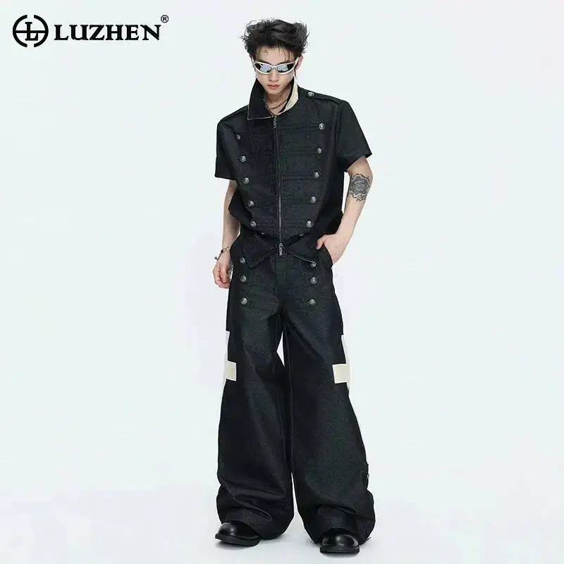 

LUZHEN 2026 Summer Original Buttoned Decorate Patchwork Design Short Sleeve Zipper Shirts Men's Fashion Loose Trousers JY6552