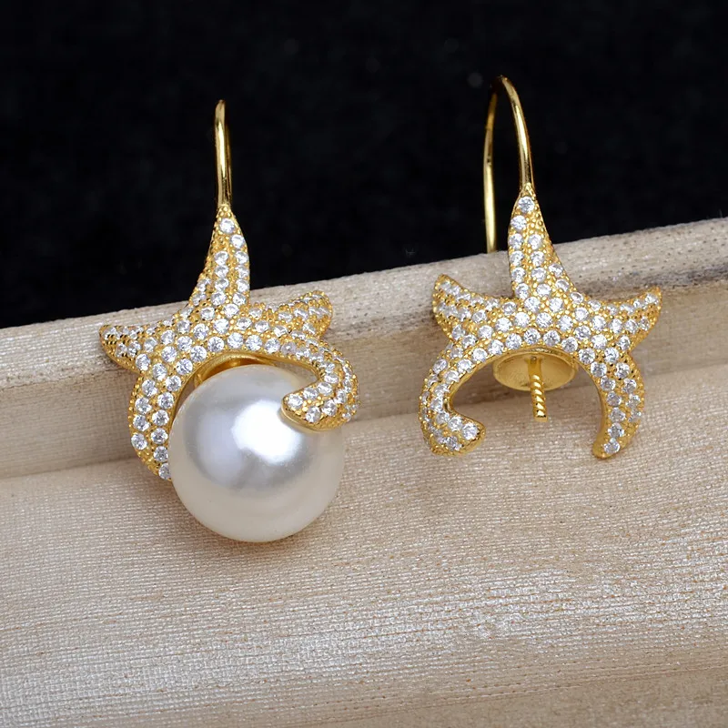 Starfish S925 Sterling Silver Earrings Base Findings Mountings Jewelry Mounts Fittings Accessories for 9-10mm Pearls 3 pairs/lot