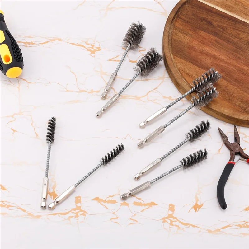 AT05-8Pcs Bore Brush, Stainless Steel Wire Brush Drill Attachments With 1/4 Inch Hex Shank Twisted Wire Cleaning Tools