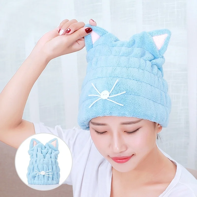 Cute Cat Hair-drying Towel Bath Cap Strong Absorbing Drying Long Soft Special Dry Hair Cap Towel With Coral Soft Towel