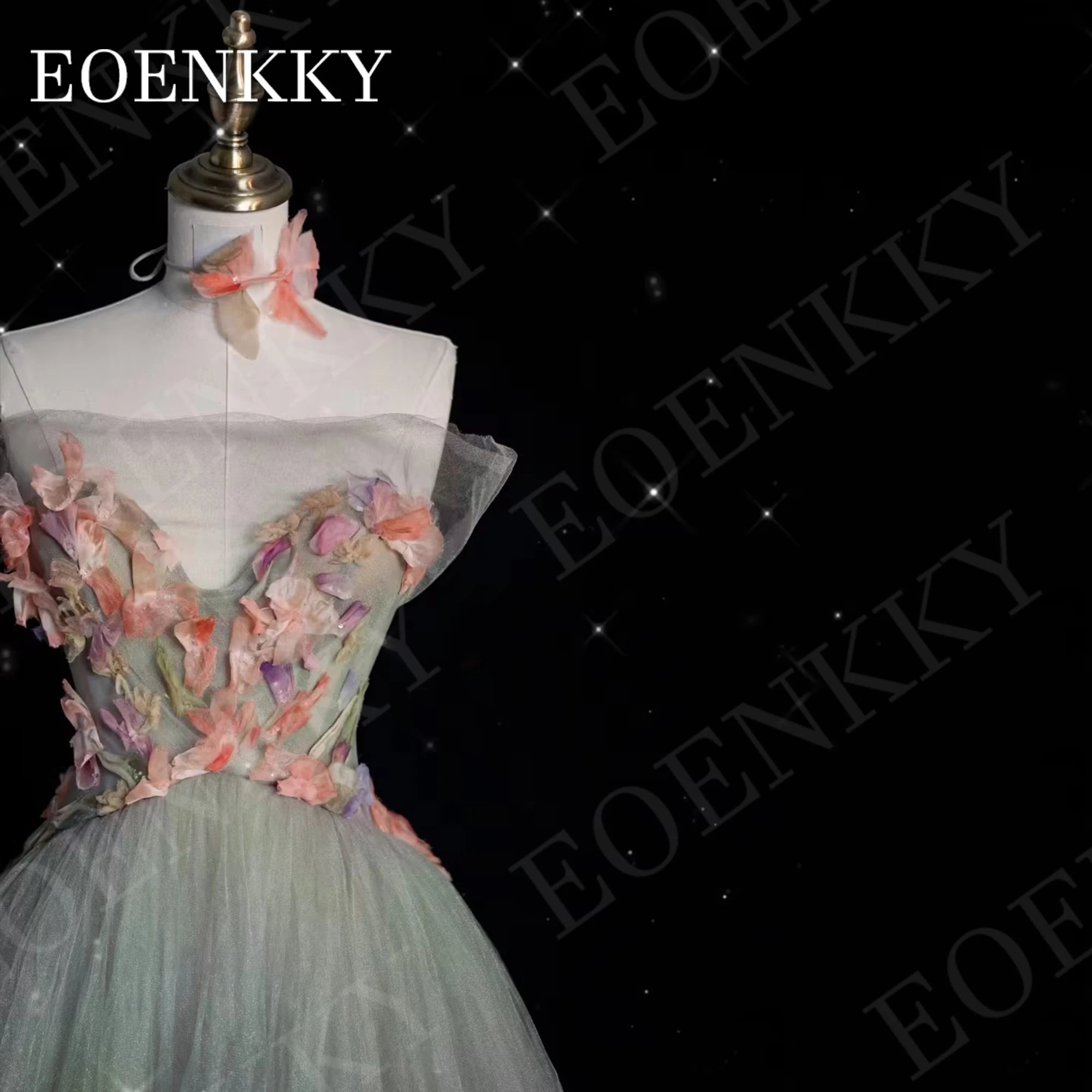 EOENKKY Graceful Prom Dresses Floor Length Evening Gown Backless Tulle Strapless 3D Flowers Bespoke Occasion Dress A Line V Neck