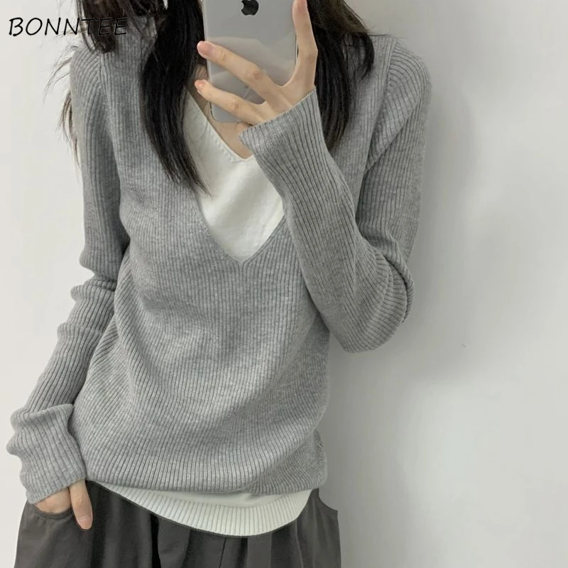 Retro Long Sleeve T-shirts Women Knitted Fake 2 Pieces V-neck Slim Tops Gray American Style Simple Casual Spring Classic Trendy