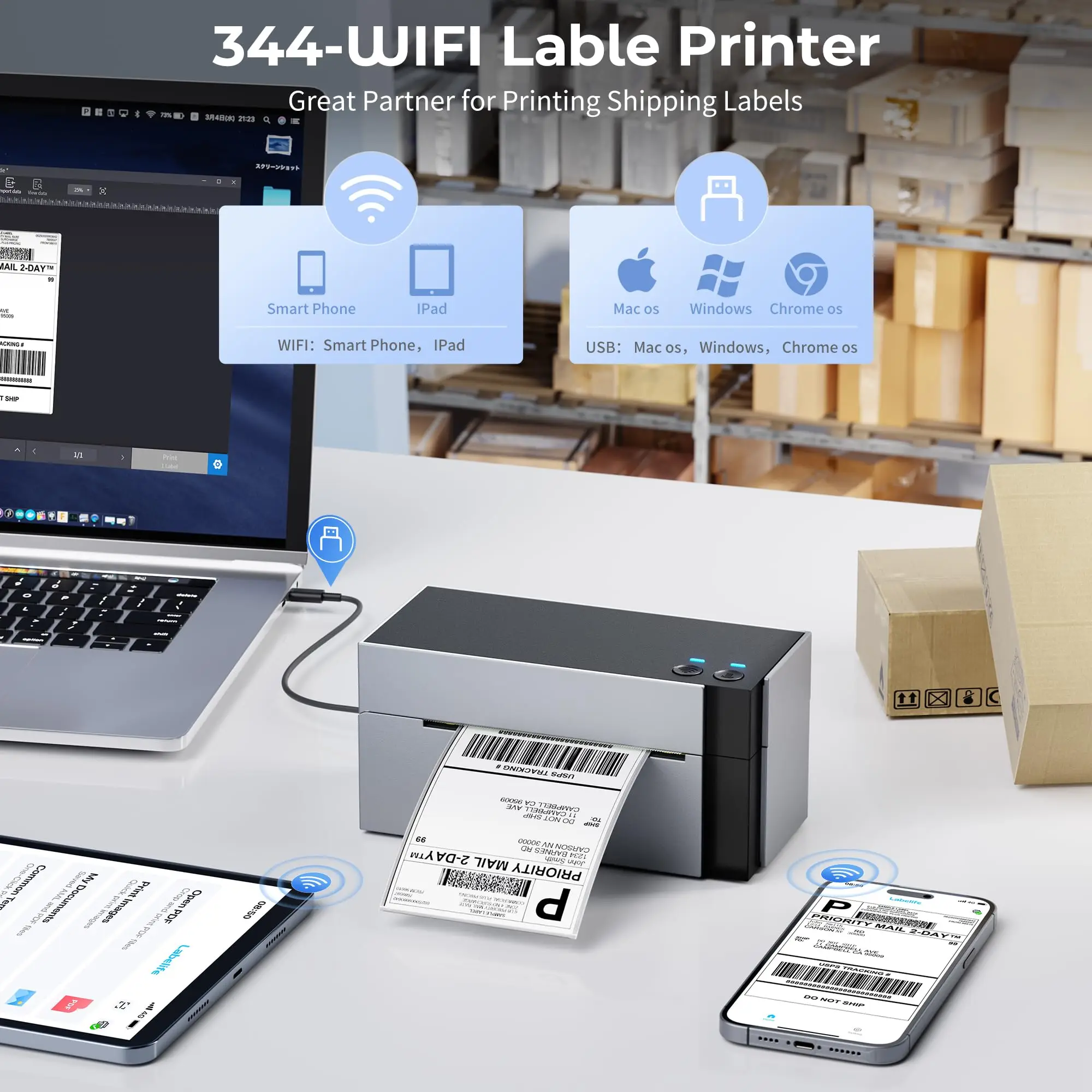 344WF Label Printer Upgraded 300dpi Wifi Thermal Shipping Label Printer Desktop Label Printers for Business Label Printing