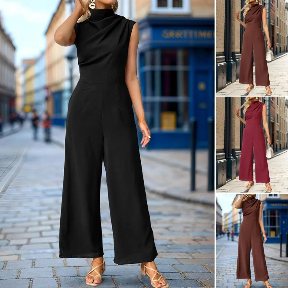 Women Sleeveless Jumpsuit Stylish Women\'s Sleeveless Wide Leg Jumpsuit for Work Daily Wear Elegant Pure Color Half-high Collar