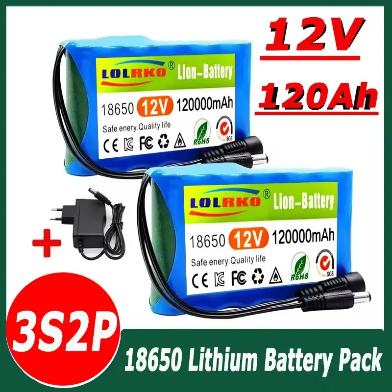 2026 New Portable 3S2P 12V 120000mah Rechargeable Li-Ion Battery, For LED Lamp Light Backup Powe Etc+ Charger