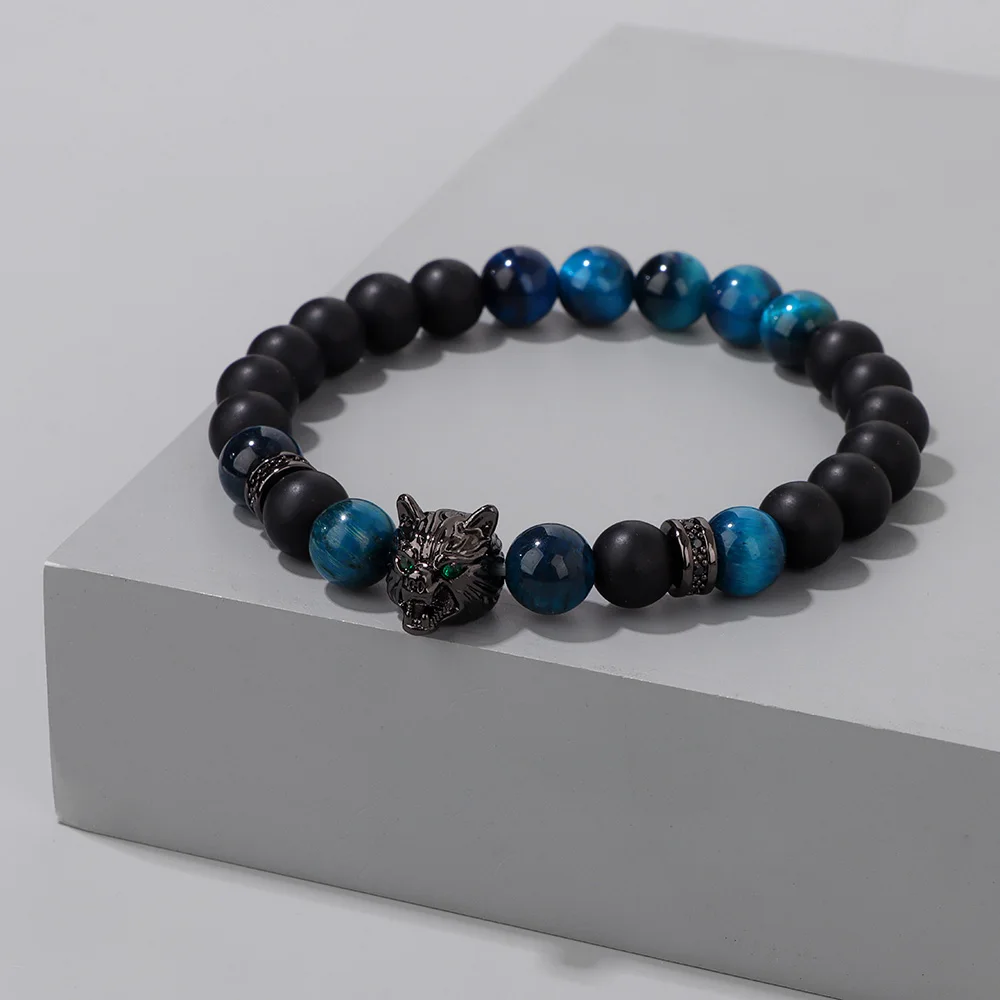 Trendy Black Wolf Head Bracelet Natural Stone Tiger Eye Lapis Lazuli Beaded Bracelets For Women Mne Homme Hombre Wristband Gift