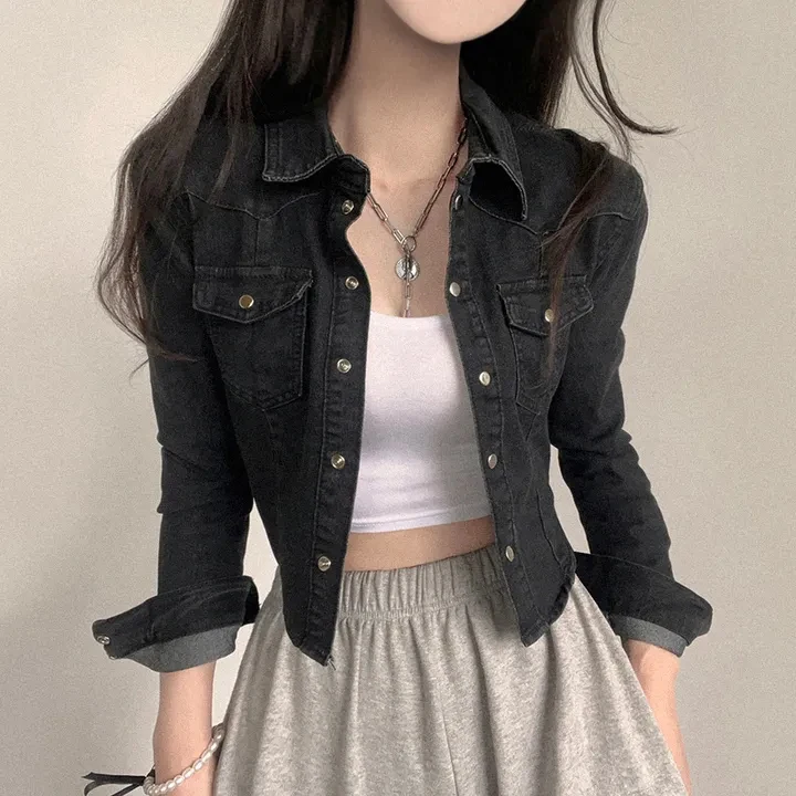 Women's Short Denim Jacket Long Sleeve Single Button Shirt Style Versatile Outerwear Regular Thickness Autumn Season Chinese ...