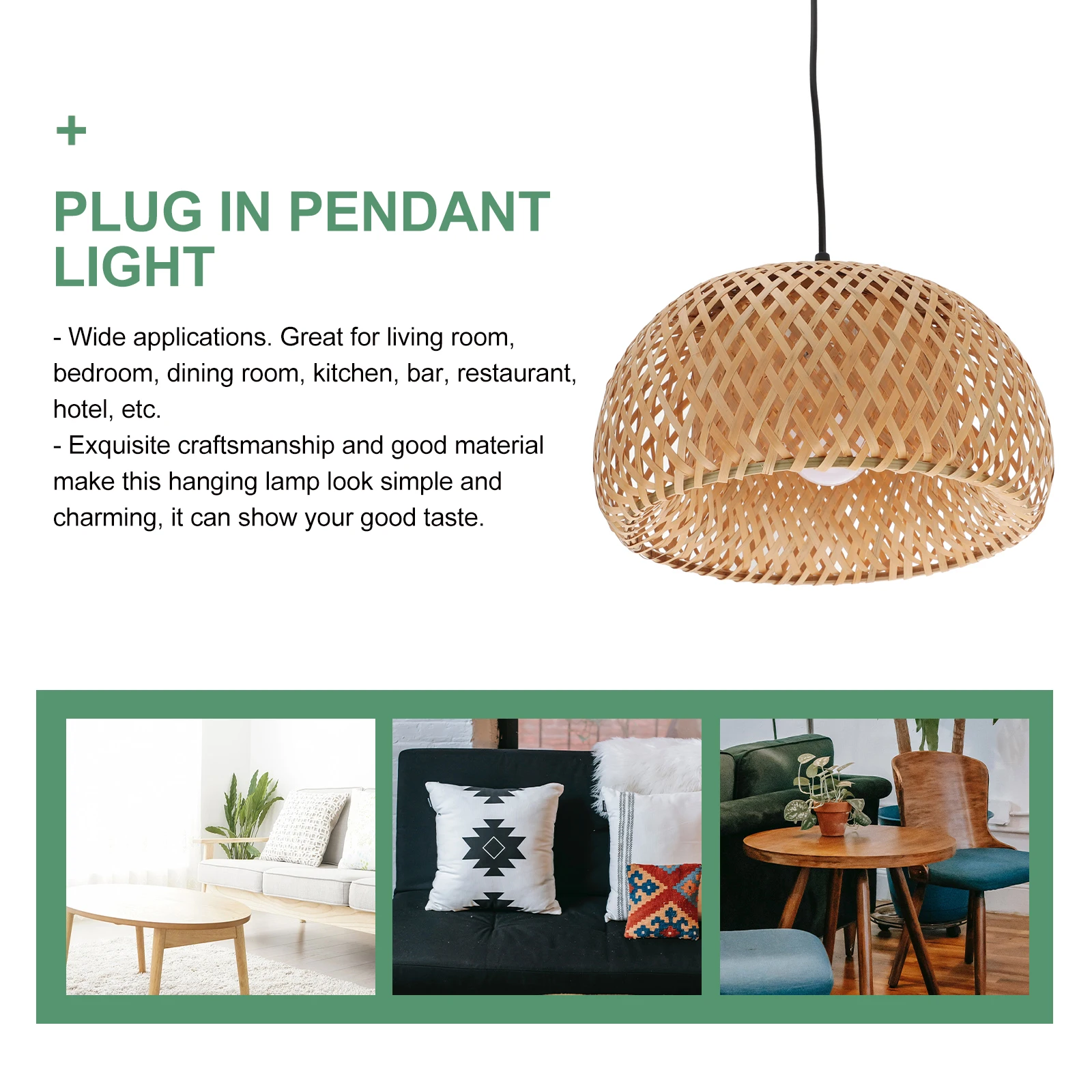 

Bamboo Lampshade Pendant Light Rattan Macrame Hanging Lamp Plug Cord Ceiling Lighting Bedroom Living Room Decor Wicker Rattan