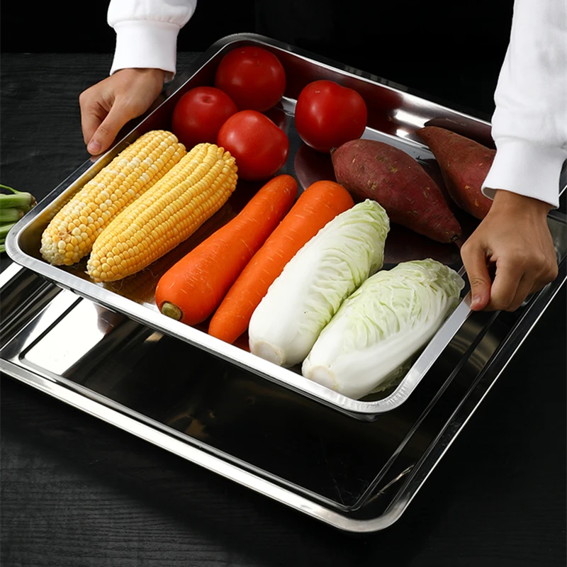 Square Stainless Steel Food Fruit Storage Tray Cake Barbecue Pastry Steamed Sausage Shallow Pans Plate Dish Kitchen Accessories