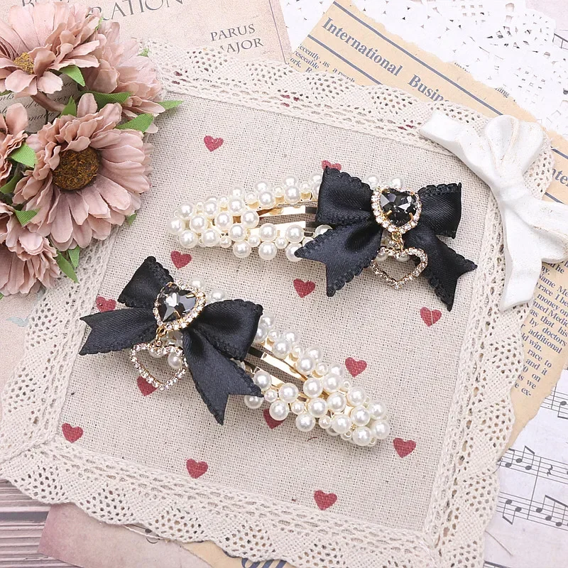 Hair Accessories for Girl Japanese Style Sweet and Cute Women\'s Headwear Pearl Bow Rhinestone Hairclips Side Clip