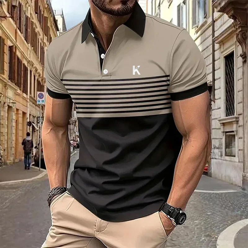 Summer striped print golf T-shirt men's fashion lapel button polo shirt hip-hop street polos European measurement