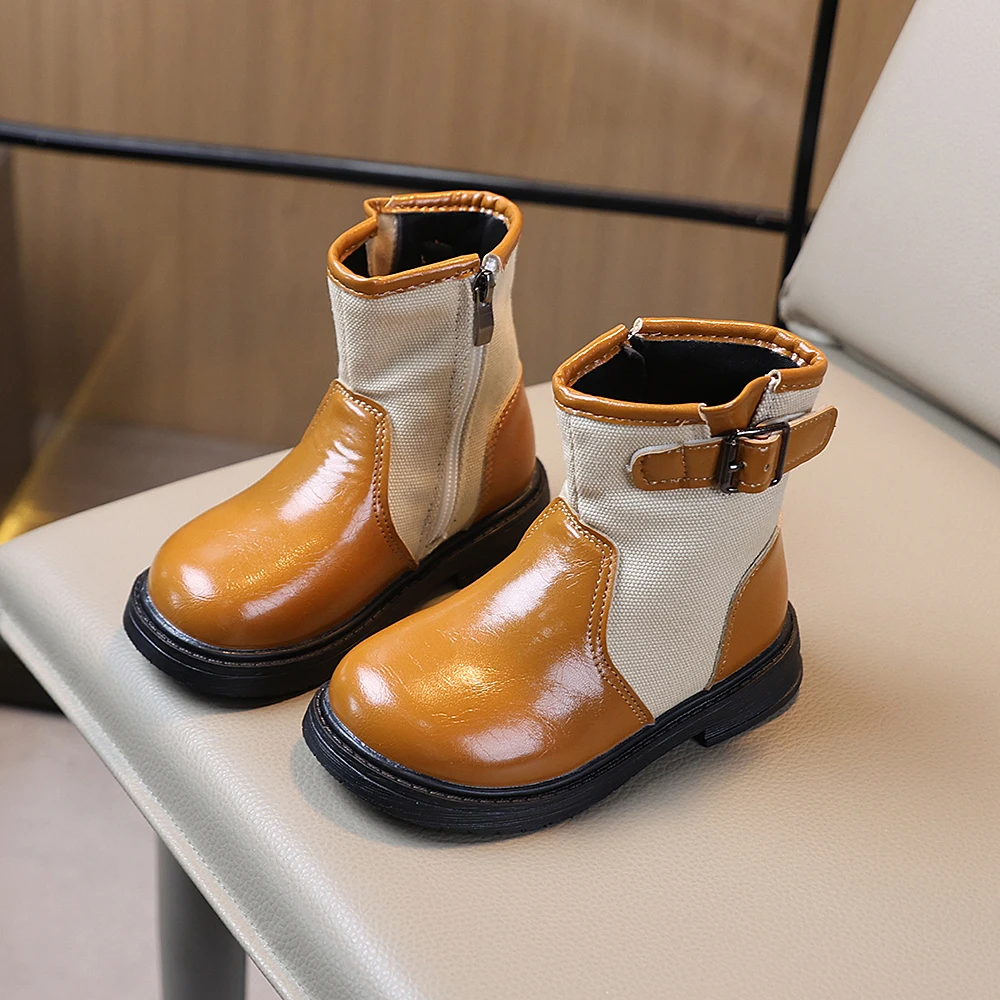 COMFY KIDS Boys Girls Ankle Boots Glossy PU Canvas Spliced Side Zipper Buckle Strap Chunky Sole Casual Short Boots