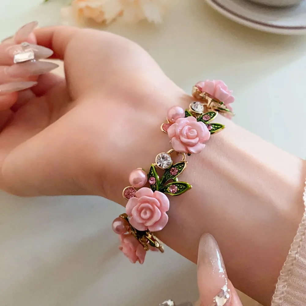 Temperament Strass Rose Blume Halskette Süße Halsband Blume Armband Perle Schlüsselbein Kette Ohrstecker Urlaub