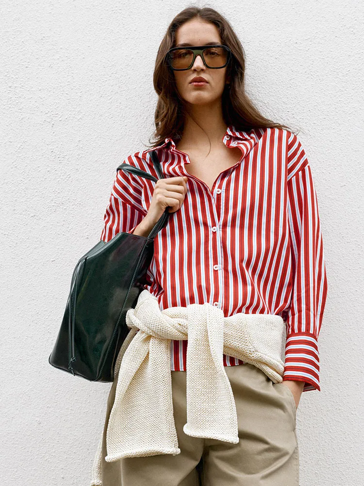 New 2026 Autumn Color Block Striped Shirt Women's Top Fashionable Contrast Color Design Polyester Fiber Youth Casual Wear