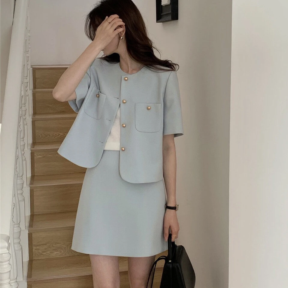 New Korean Fashion Women\'s Suit Small Fragrance O-neck Short Sleeve Blazer Top + Mini Skirt Elegant Office Lady 2 Piece Sets