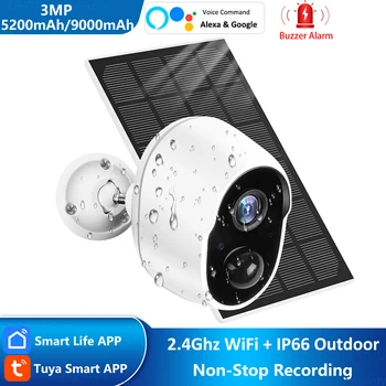 3MP Tuya Smart Life 5200 / 9000mAh بطارية قابلة لإعادة الشحن تعمل بالطاقة الشمسية في الهواء الطلق WIFI 1080P مراقبة الأمن صفارة الإنذار كاميرا Alexa Google