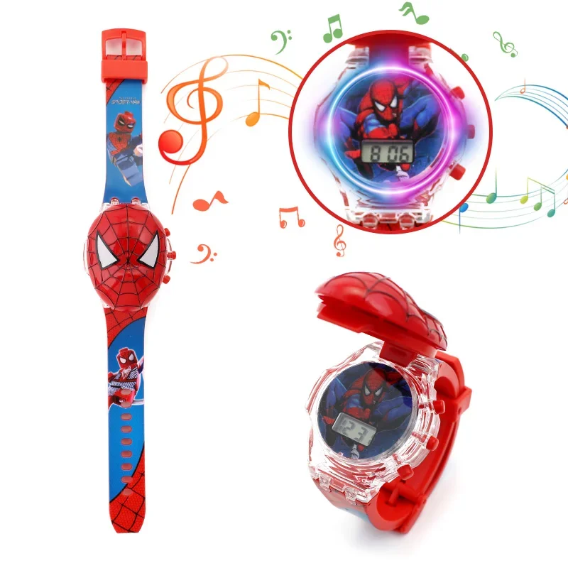 Disney Marvel Spiderman Iron Man Frozen Children\'s Music Flashing Light Luminous Flip Watch Boy Girl Toy Watch Birthday Present