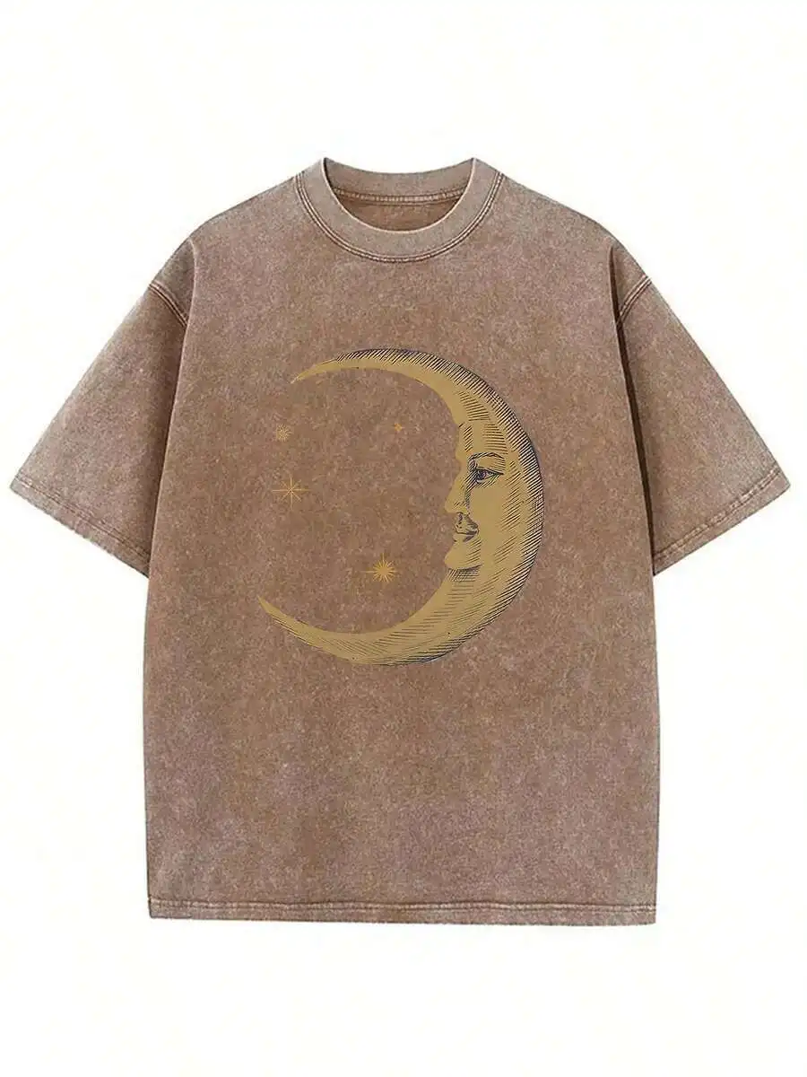 

Washed Cotton T-Shirt With Moon And Stars Print, Loose Vintage Style Tee For Summer