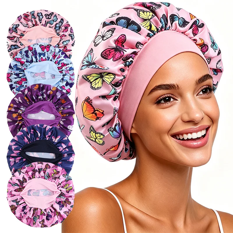 Touca de dormir feminina com estampa de borboleta - Toucas de dormir macias e respiráveis, touca de banho, toucas de cabelo multiuso, confortáveis para uso diário