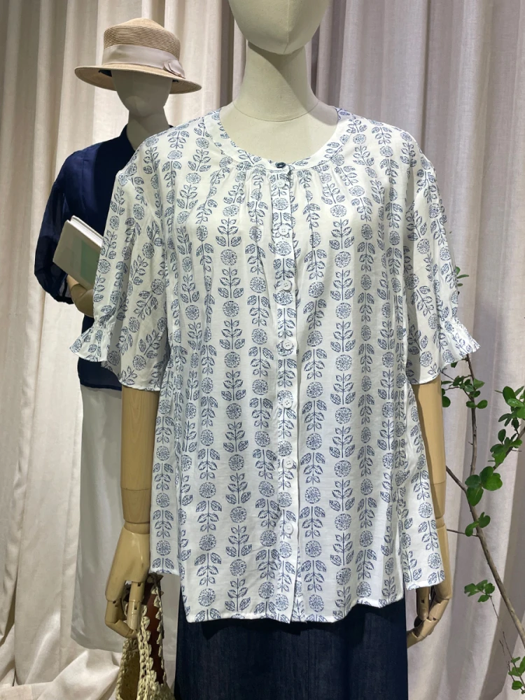 

Summer New Loose Cotton irt Women's Printed ort Sve Pure Cotton Artistic Sle Top Y2W0C2306 Original Design Button ...