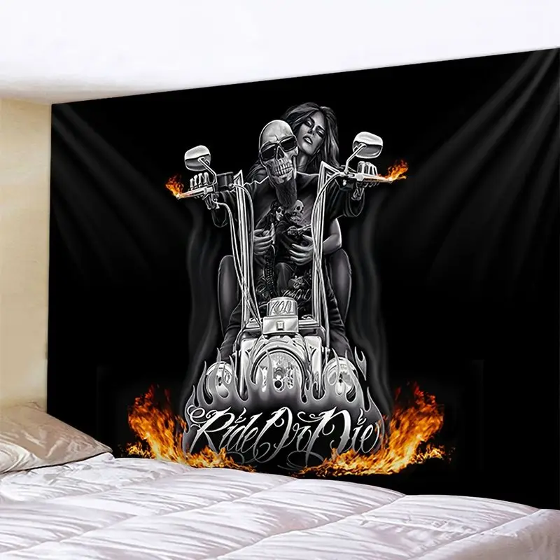VIKAMA Skeleton Motorcycle Flame Retro Harley Tapestry Background Hanging Cloth Trendy Cool Wall Decoration Room Decoration