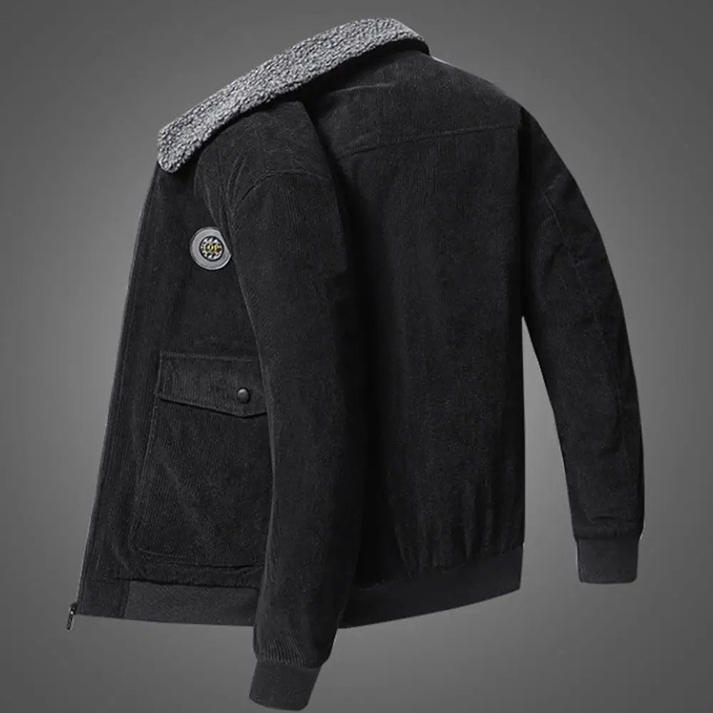 

Trendy Corduroy Jacket Solid Color Washable Men Cargo Jacket Windproof Turndown Collar Jacket