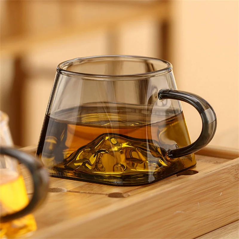 250ml 3D Mountains Heat Resistant Glass Tea Cup with Handle Water Milk Coffee Cup Kung Fu Tea Set Drinkware