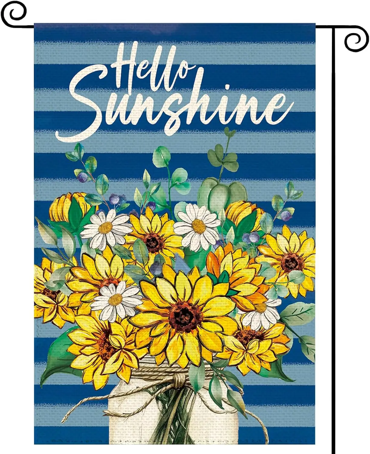 Spring Summer Sunflowers Welcome Garden Flag 12 x 18 Inch Double Sided, Hello Sunshine Blue Stripes Burlap Small Yard Flag H PPZ