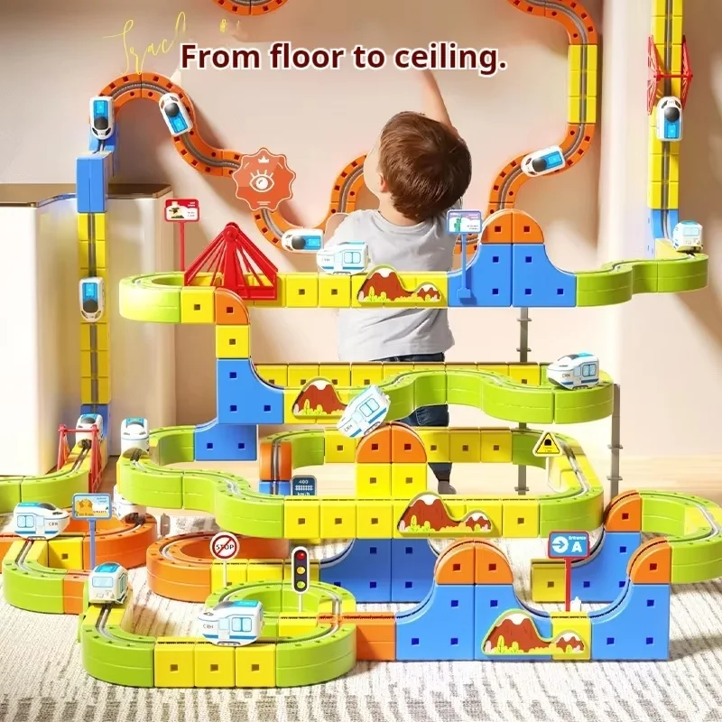 ชุดรถไฟบล็อกแม่เหล็กไฟฟ้า รถไฟความเร็วสูง รถรางสุดมหัศจรรย์ รางแบบลูกบาศก์ แรงดึงดูดต้านแรงโน้มถ่วง ของเล่นจำลองรถไฟ