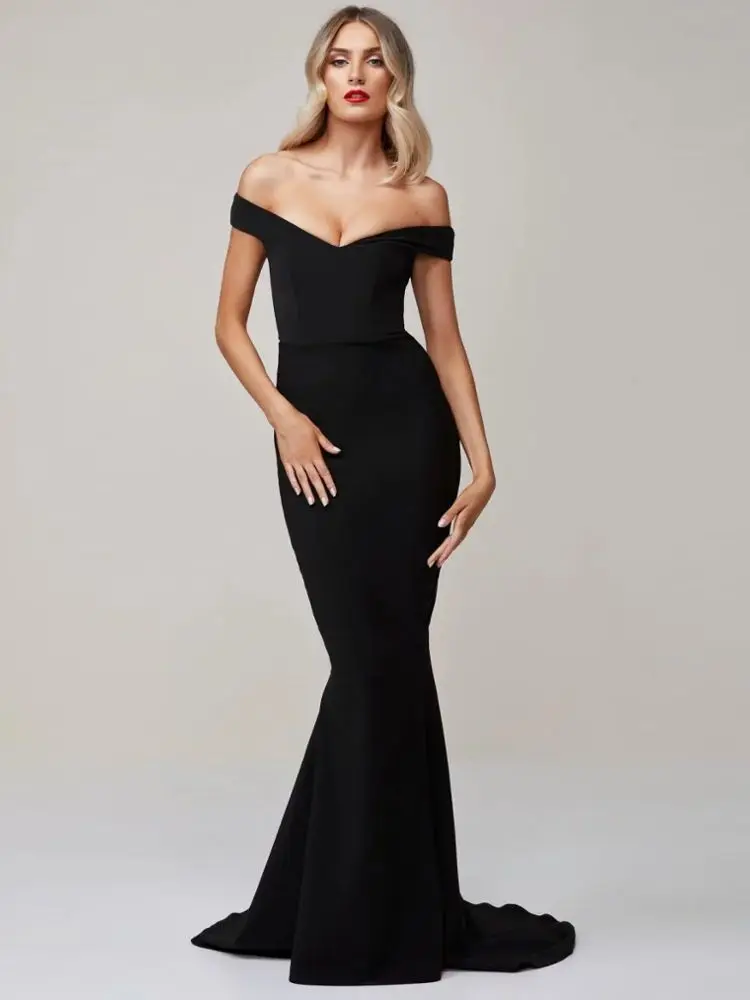 Off the Shoulder Bodycon Maxi Party Dress Black Tight Package Hips Full Length Mermaid Red Long Dress