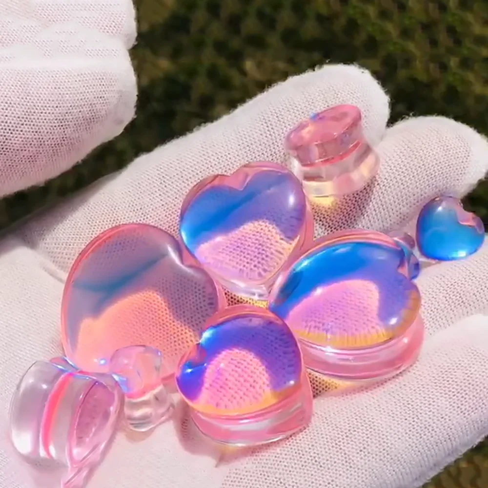 PAIR Glass Heart Ear Expanders Ear Gauges Pink/Purple Heart Glass Ear Plugs Ear Strechers Lobe Tunnels Piercing Body Jewelry