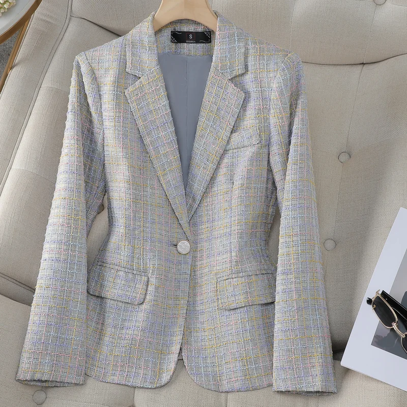 Fashion Women Casual Blazer Ladies Long Sleeve Purple Blue Green Yellow Plaid Female Jacket Coat For Autumn Winter S-4XL