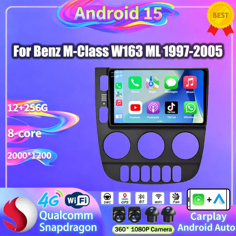 Android 15 For Benz M-Class W163 ML320 2003- 2005 2K QLED Android Car Radio Multimedia Video Player GPS stereo CarPlay Head Unit