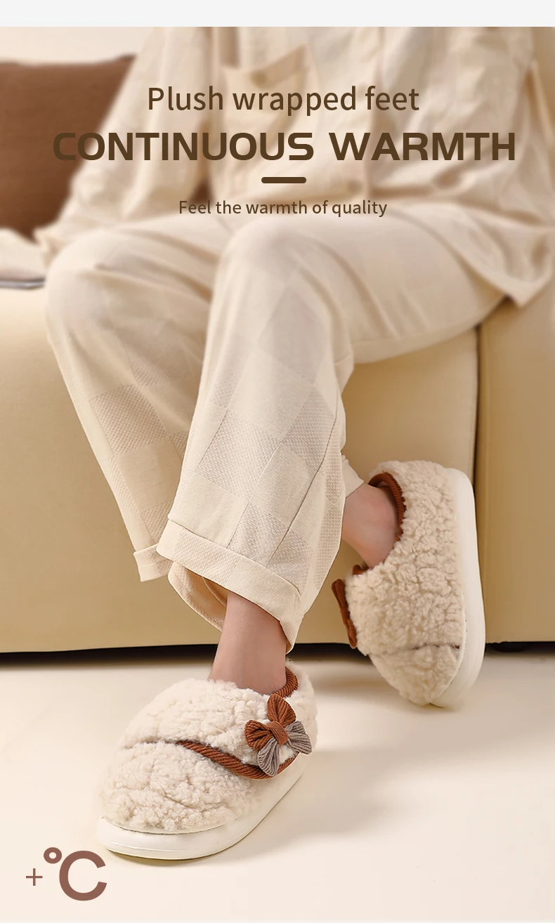 Niedliche Schleifen-Winterhausschuhe für Damen, flauschige Lammfell-Hausschuhe, weiche Plüsch-Warmstiefel mit vollständiger Fersenumhüllung, dicke Sohle, Indoor-Mules. – Detail 1