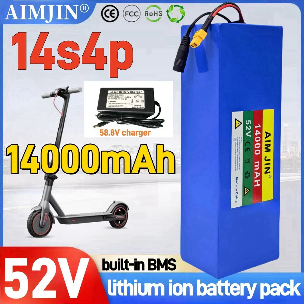 52V 14S4P 14000mah High capacity 18650 Lithium Battery 1500W with BMS for Balance Car, Bike, Scooter, Tricycle + 58.8V Charger