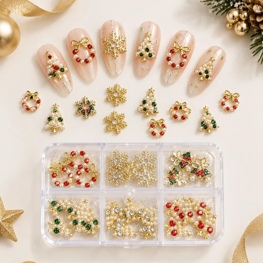 6Grids Box Delicate Nail Art Decorations Christmas Star Holly Pearl Crystal Alloy for Festive Event Home Manicure Supplies
