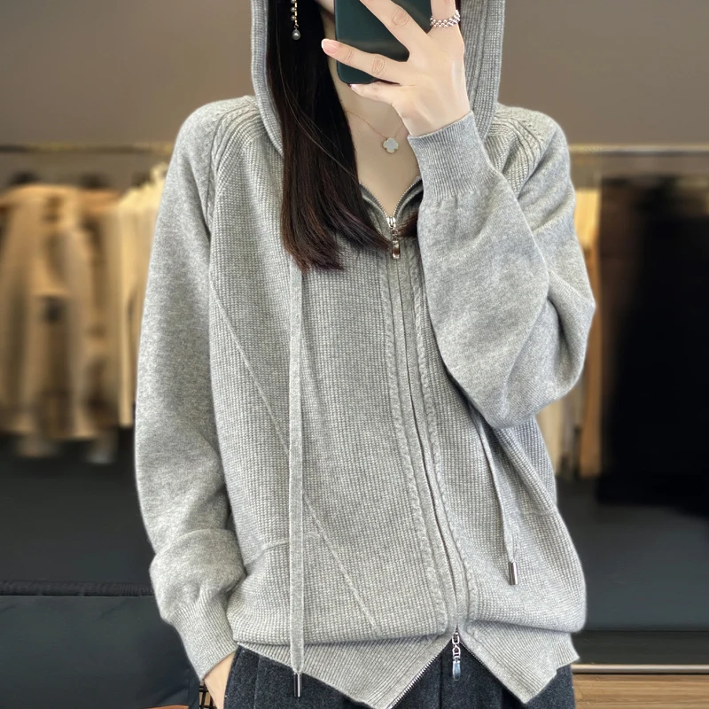 Women's Autumn and Winter Hooded Cardigan Pure Wool Zipper Fashion Long-sleeved Sweater Cardigan Korean-style Loose Top