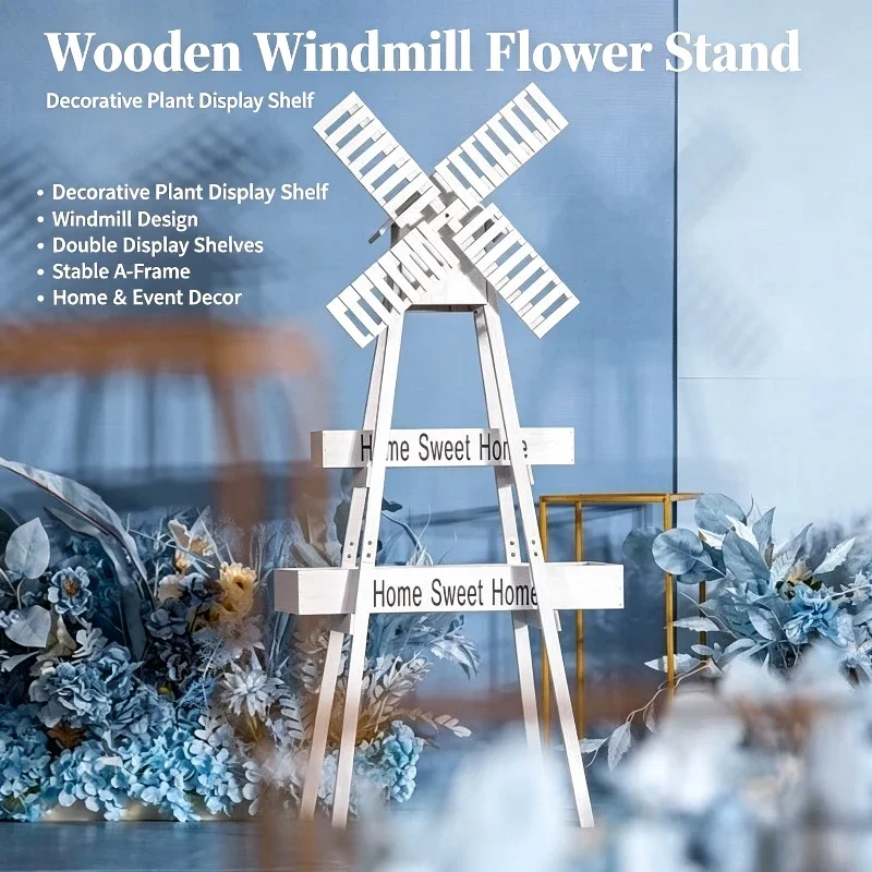 Wooden Rotating Windmill Flower Stand Rustic Garden Planter for Outdoor Wedding Welcome Decoration Aisle Party Centerpiece