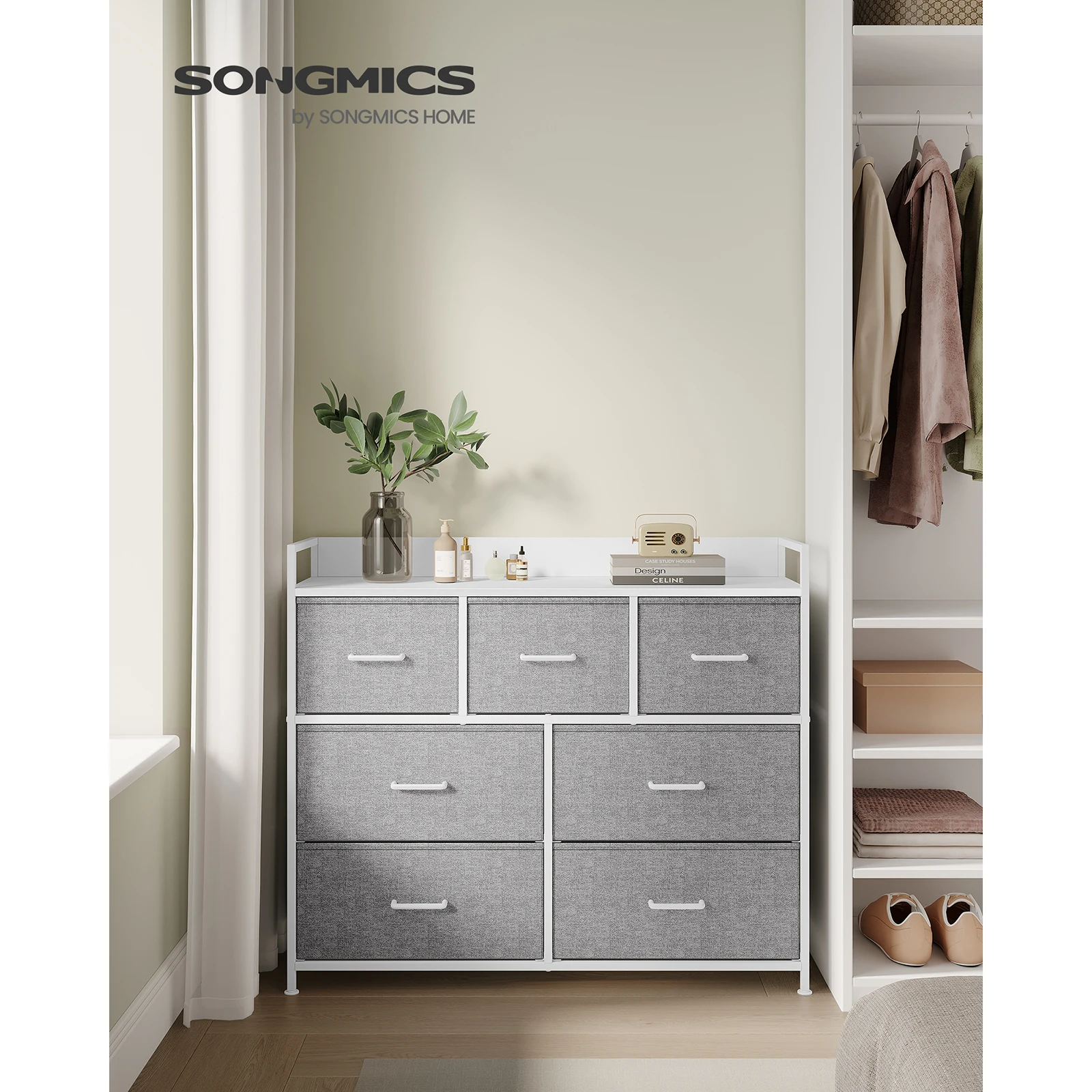 SONGMICS 7-Drawer Fabric Chest, Metal Frame, Bedroom Cabinet, Dove Grey/Cloud White