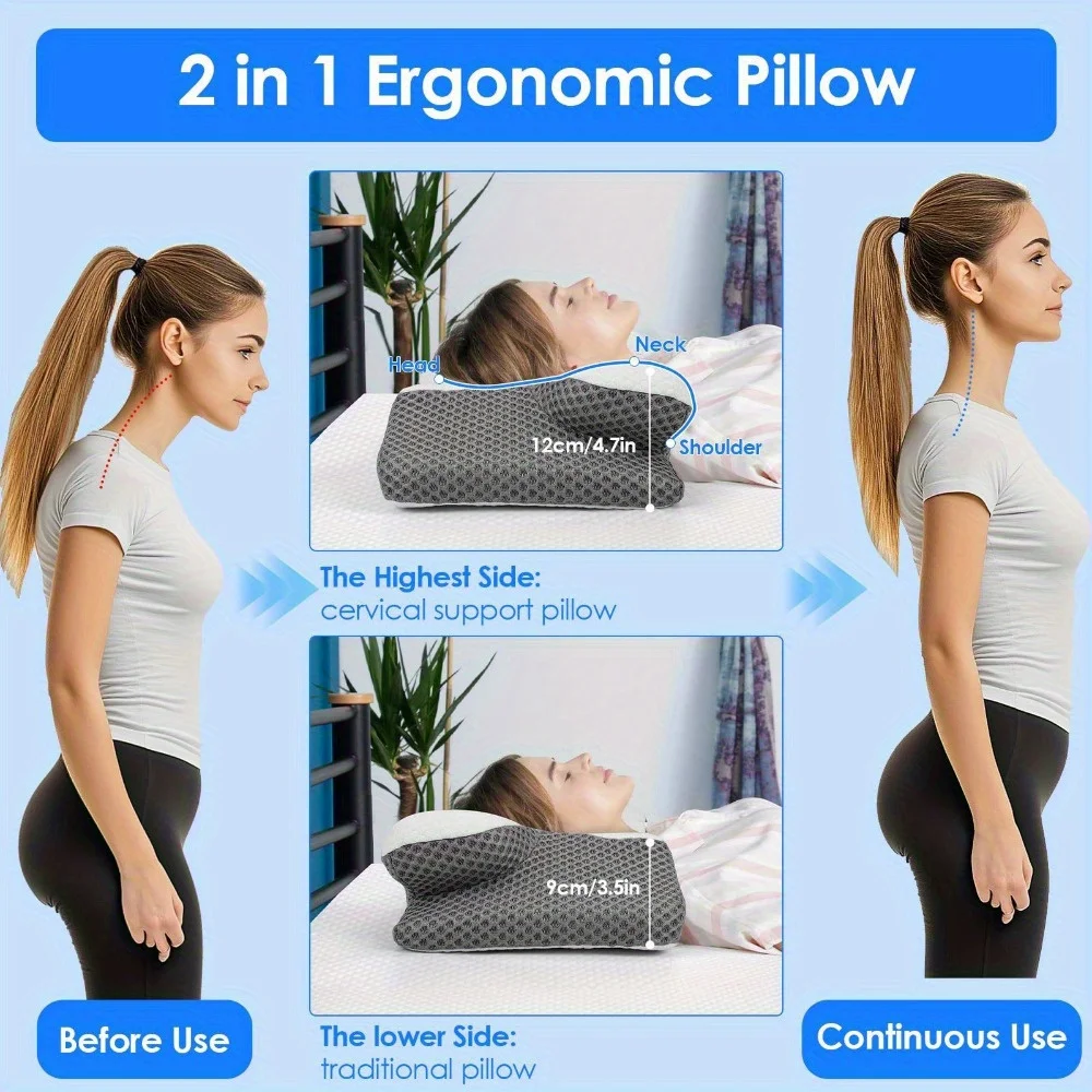 Oreiller cervical ergonomique orthopédique en mousse à mémoire de forme 60×34 cm avec deux options de hauteur 10 cm/13 cm, housse douce amovible et lavable, coussin de soutien du cou confortable adapté aux dormeurs sur le côté, sur le dos et sur le ventre
