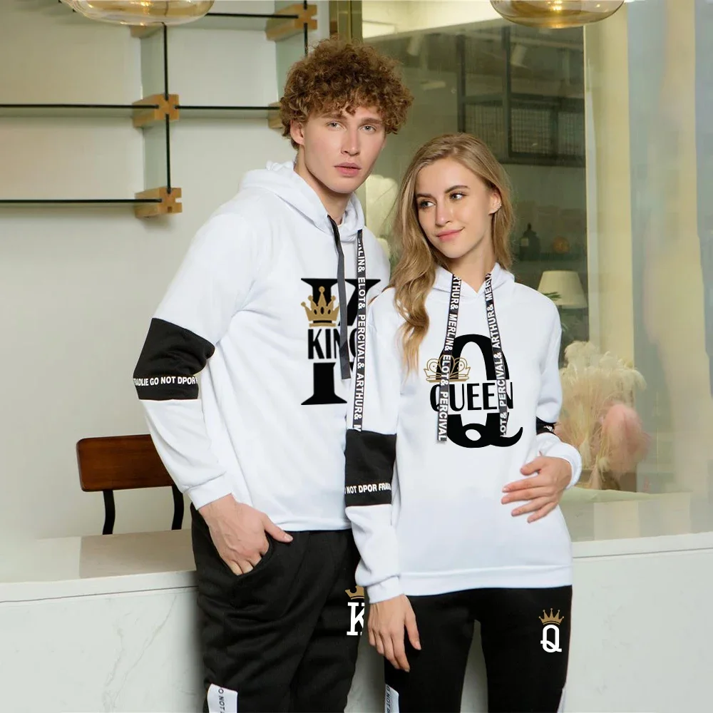 Couple KING QUEEN Print Sportswear Sweatshirt Sweatpants Set Fashion Casual Sports Men Tracksuit Women Man Hoodie Suit Clothing