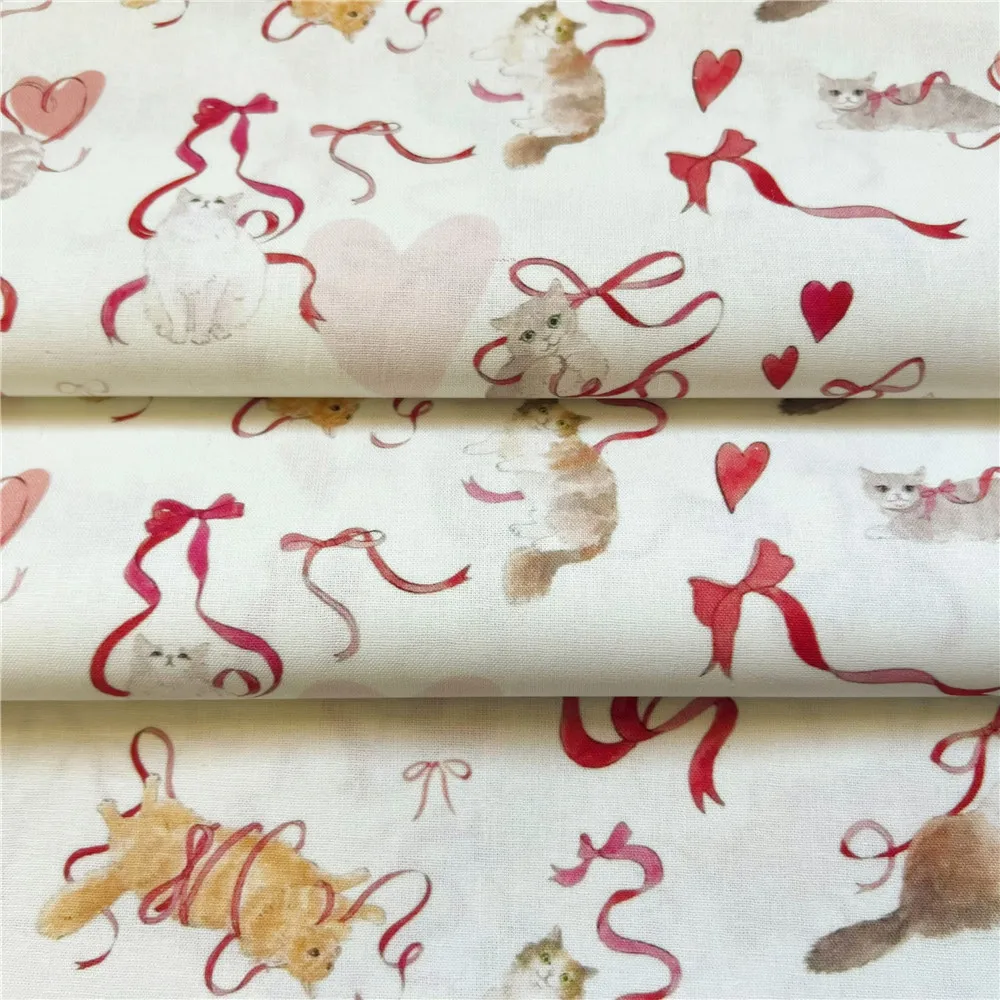 Red Ribbon Cat 100% Cotton Fabric Material Patchwork Sewing Fabrics Quilt Needlework DIY Cloth baby Material