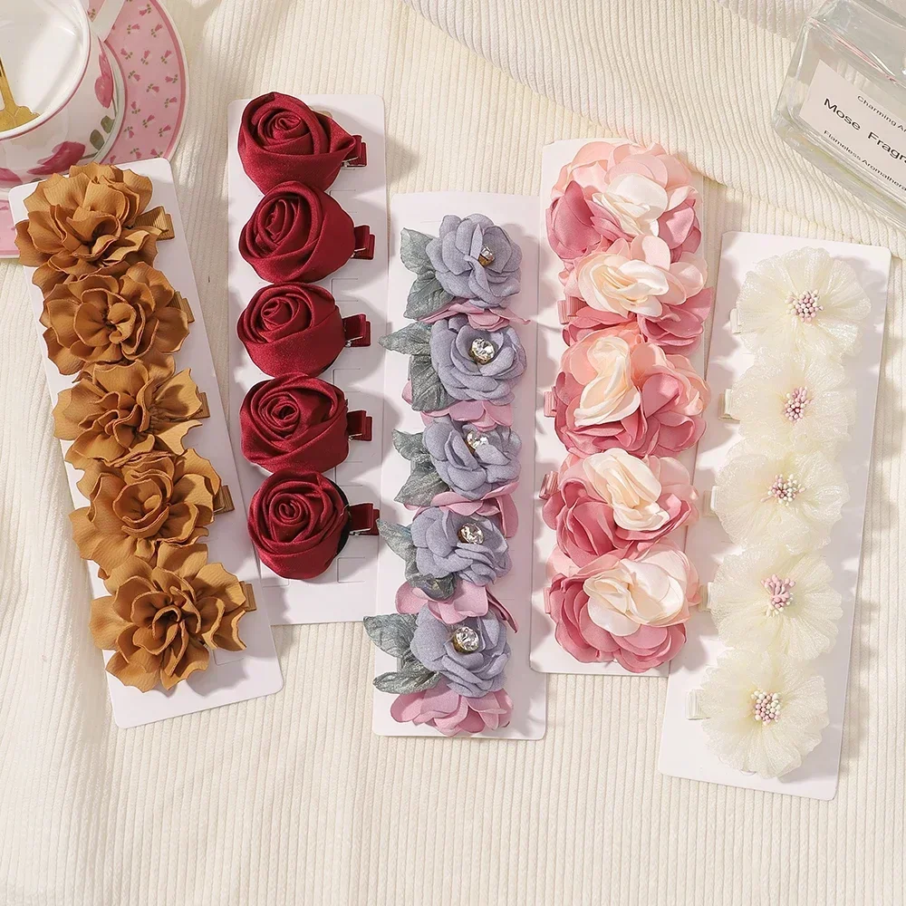 1set 3-5pcs Kinder handgemachte Chiffon Blüten blätter Mohn Blume Haars pangen gerollt Rose Stoff Haar Blumen Kinder Mädchen Haarschmuck