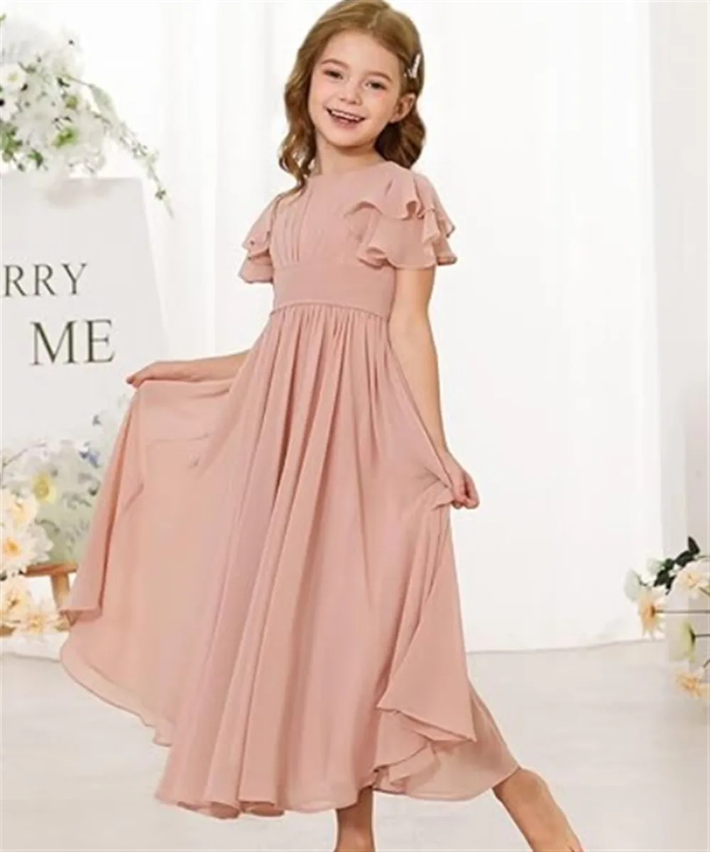 Elegant Flower Girl Wedding Dress Pleated Sleeve with Bow Belt Princess Birthday Party Event Dress Bridesmaid Host Gown