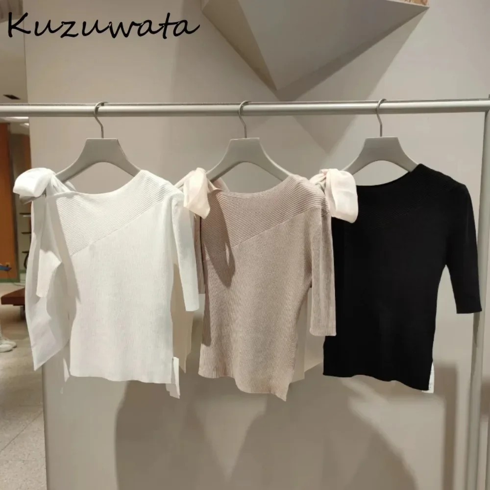 Kuzuwata Moda New Slash Neck Half Sleeve Patchwork Jumper Off Shoulder Sweet Lace Up Casual Pullover Japan Bow Slim Fit Knitwear