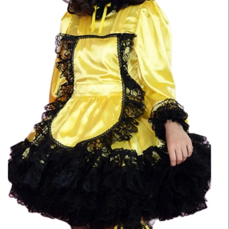 

Multicolor Adult Giant Baby Sexy Girl Yellow Satin Dress Black Lace Edge Sissy Role Play Makeup Ball Maid Customizable Lockable