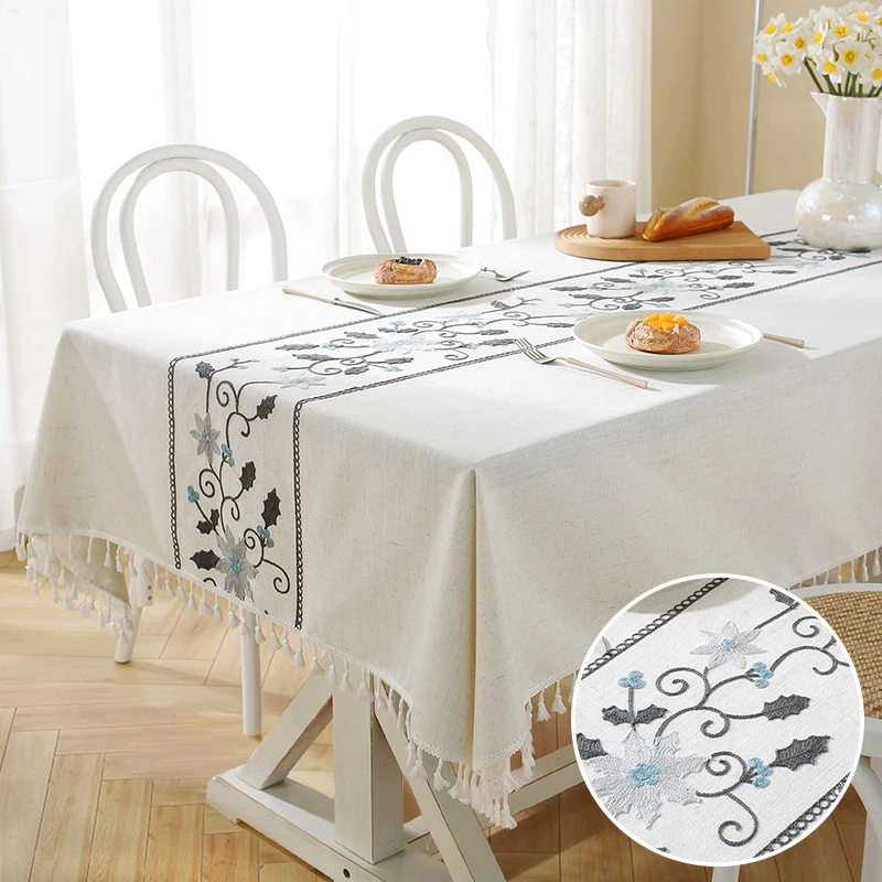 Three-dimensional Floral Embroidered Tablecloth Waterproof Cotton Linen Table Cloth Wedding Praty Banquet Table Cover Tea Coffee